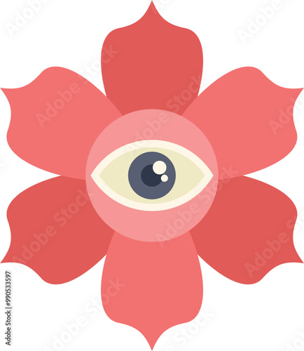 This vector illustration features a stylized eye peering from within a vibrant flower, symbolizing concepts of vision, mystery, and the interconnectedness of nature