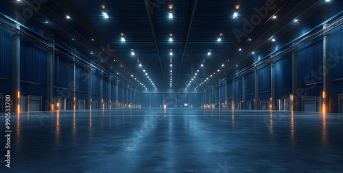 Wide-Angle Photograph of an Empty Dark Blue Warehouse Interior 