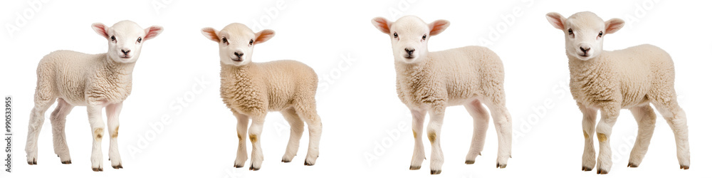 Four adorable lambs standing together on a white isolated background. Four adorable lambs standing together on a white isolated background.