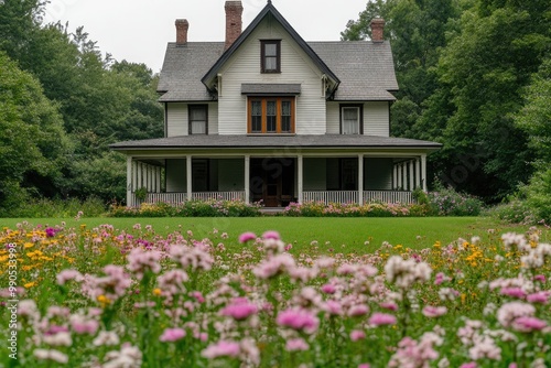 A vintage white house with a porch sits in a field of wildflowers. This photo can be used to illustrate concepts of nature, nostalgia, or rural life.