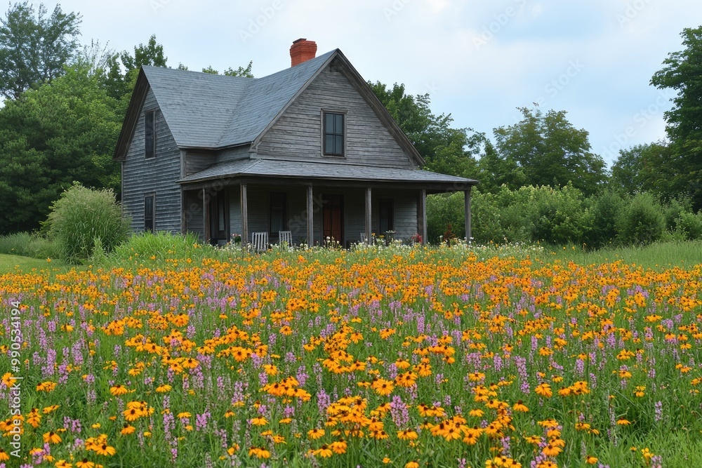 Obraz premium Rustic farmhouse with blooming flowers. A picture perfect image of a beautiful, rustic farmhouse with a field of blooming flowers in front of it.