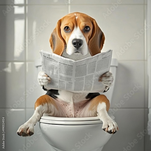 Illustration of a beagle dog on a small toilet, with a sweet look, reading a newspaper and looking directly at the camera, legs dangling down, in a bright bathroom, realistic photo