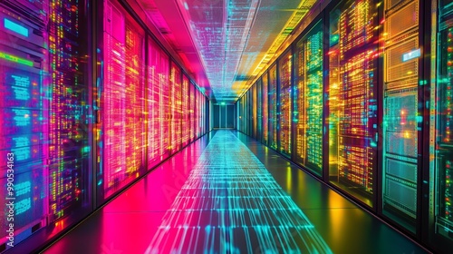 Colorful neon lights illuminate a futuristic data center hallway, highlighting server racks in a high-tech environment.