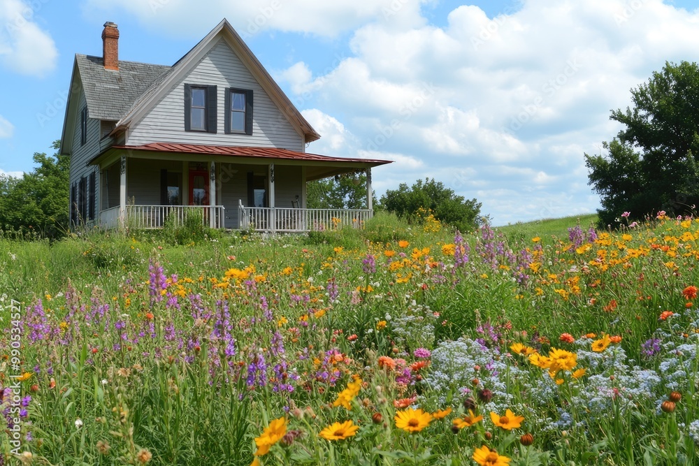 Obraz premium Country home nestled in a field of wildflowers. Perfect for illustrating stories about nature, peace, and relaxation.