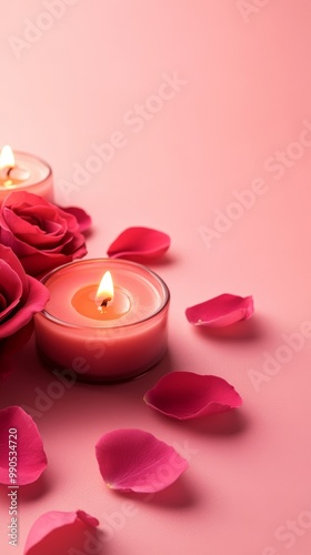 Romantic candles and rose petals on a soft pink backdrop create a serene atmosphere