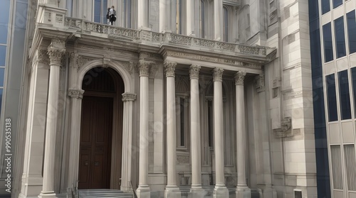 a building with a woman walking in front of it with a building in the background.