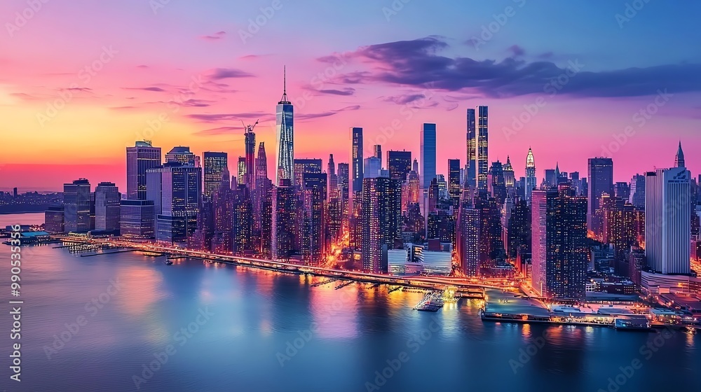 Obraz premium A panoramic view of the New York City skyline at sunset.
