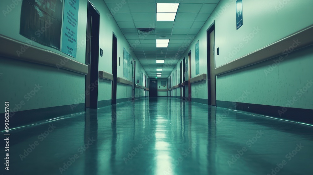 A long, empty corridor with polished floors and doors on either side. A long, empty corridor with polished floors and doors on either side.