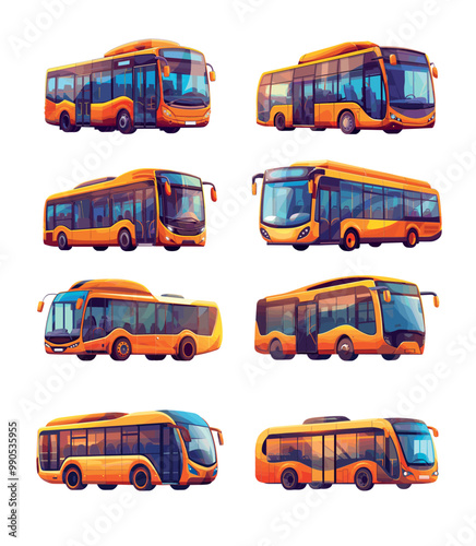 City bus cartoon vector set. Modern urban public transport convenient comfort travel trip vehicle passenger transportation carrier van autobus illustration isolated on white background