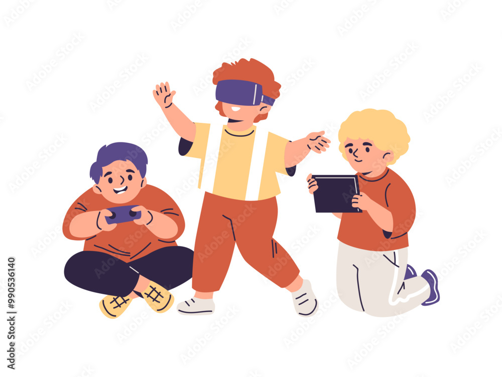 Kids with gadgets, happy boys playing game with joystick, tablet, virtual reality glasses, vector cartoon entertainment Kids with gadgets, happy boys playing game with joystick, tablet, virtual reality glasses, vector cartoon entertainment