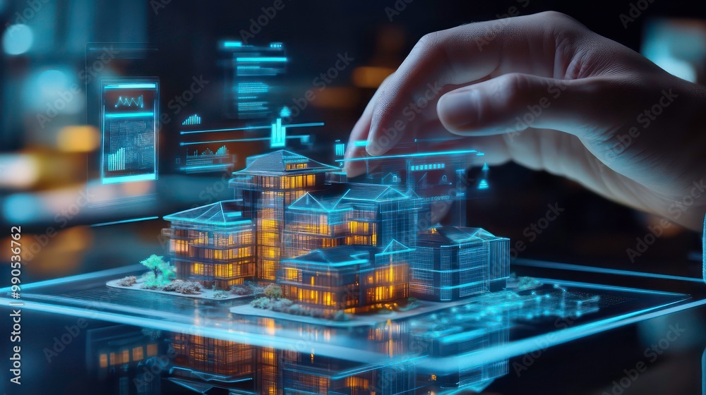 A hand hovers over a glowing digital model of an apartment building on a digital tablet. A hand hovers over a glowing digital model of an apartment building on a digital tablet.