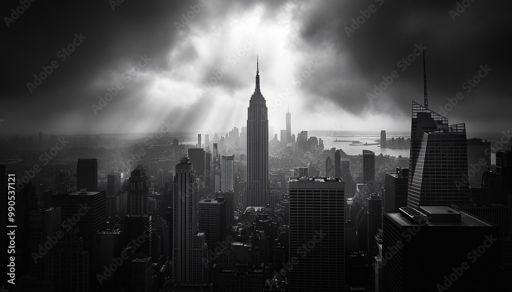 Naklejka premium A black-and-white photo of a famous city skyline or iconic landmark, evoking a timeless, classic look