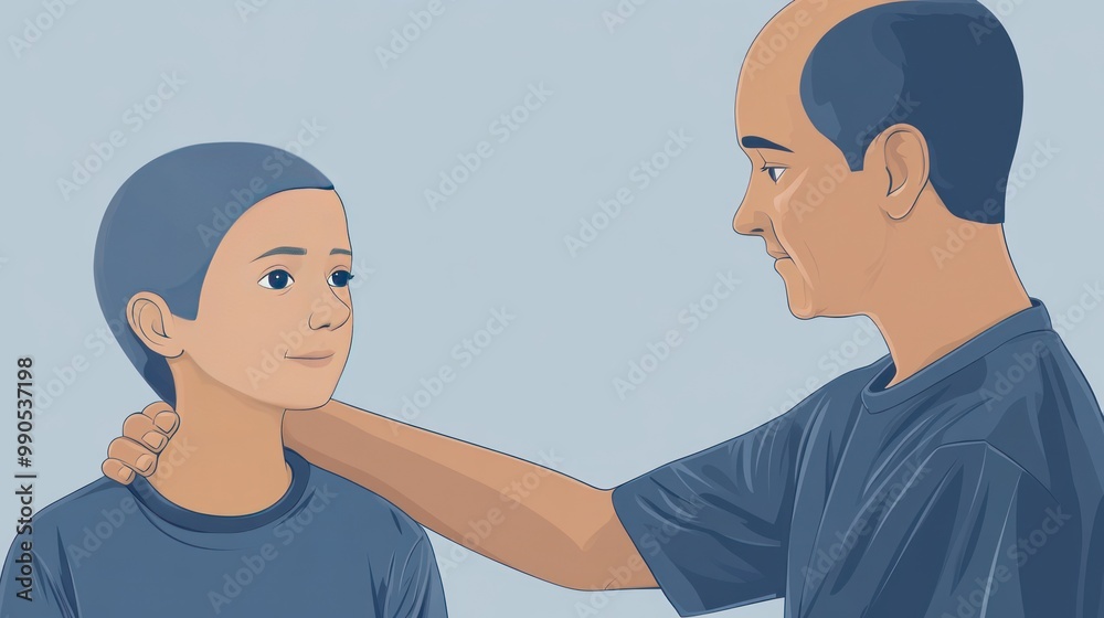 A man gently touching a boy's shoulder, conveying a moment of connection and guidance. A man gently touching a boy's shoulder, conveying a moment of connection and guidance.