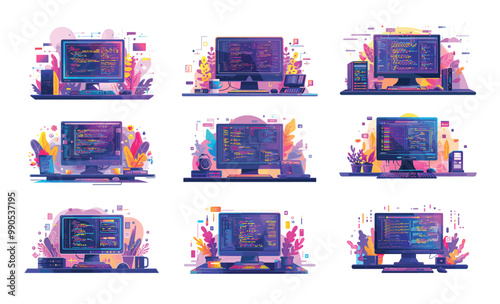 Code testing cartoon vector concepts. Monitor tablet desk lamp plant pc desktop wires functional programming methodology errors search quality assurance development qa check isolated illustrations