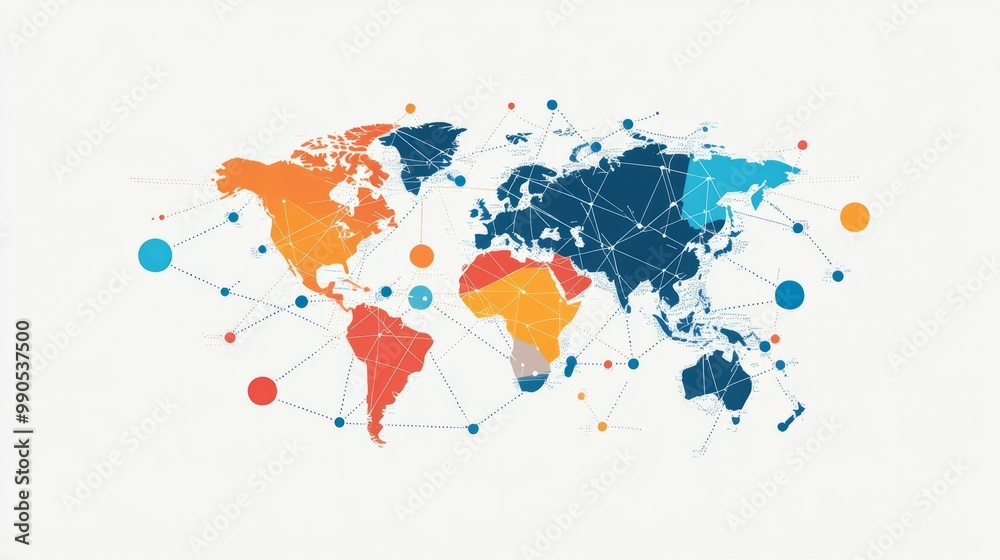 Fototapeta premium Global Network Connection: A vibrant, stylized world map showcasing interconnectedness through a network of lines and nodes, symbolizing global communication, collaboration.