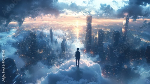 Dreamy Cityscape Above the Clouds at Sunrise