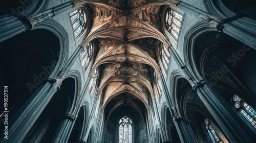 A detailed shot of the vaulted ceiling inside a Renaissance-style cathedral, with intricate frescoes and arches.