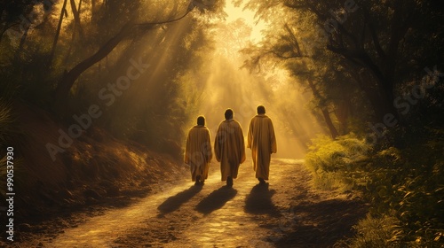 Jesus appeared to two disciples on the road to Emmaus, walking with them he explained the Scriptures to them photo