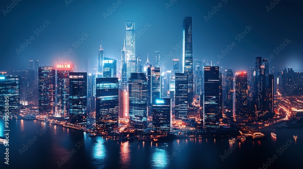 Fototapeta premium A futuristic cityscape at night, with skyscrapers illuminated by bright lights, showcasing innovative architecture.
