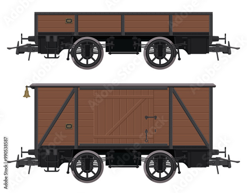 set vector drawing of vintage retro railway freight wooden wagon carriage in cartoon style