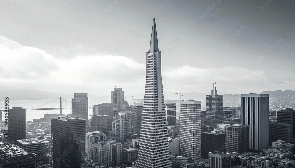 Obraz premium A black-and-white photo of a famous city skyline or iconic landmark, evoking a timeless, classic look