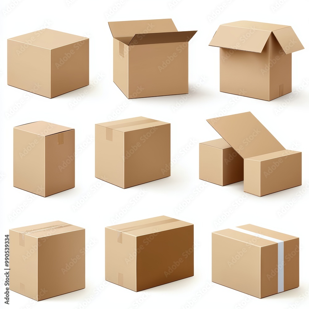 A detailed set of cardboard boxes, different sizes and shapes, realistic packaging illustration, isolated on white background A detailed set of cardboard boxes, different sizes and shapes, realistic packaging illustration, isolated on white background