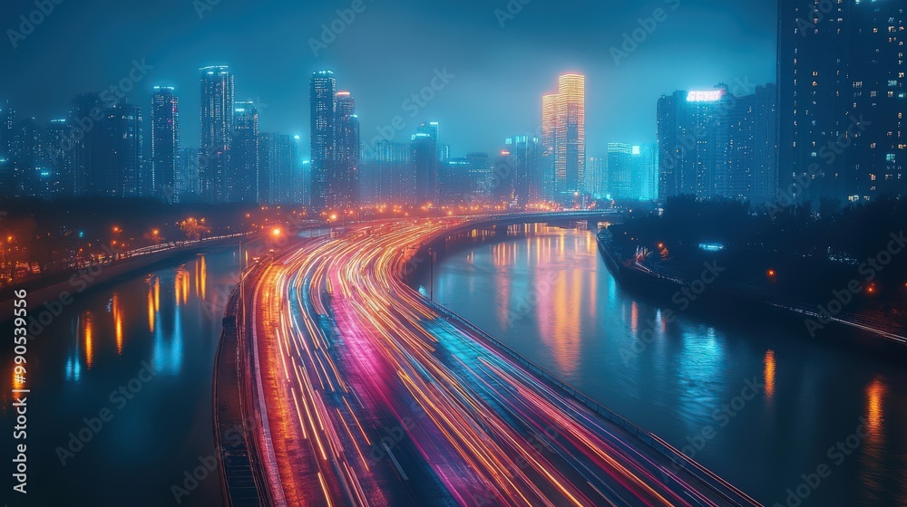 Fototapeta premium Night Cityscape with Vibrant Light Trails Over Water