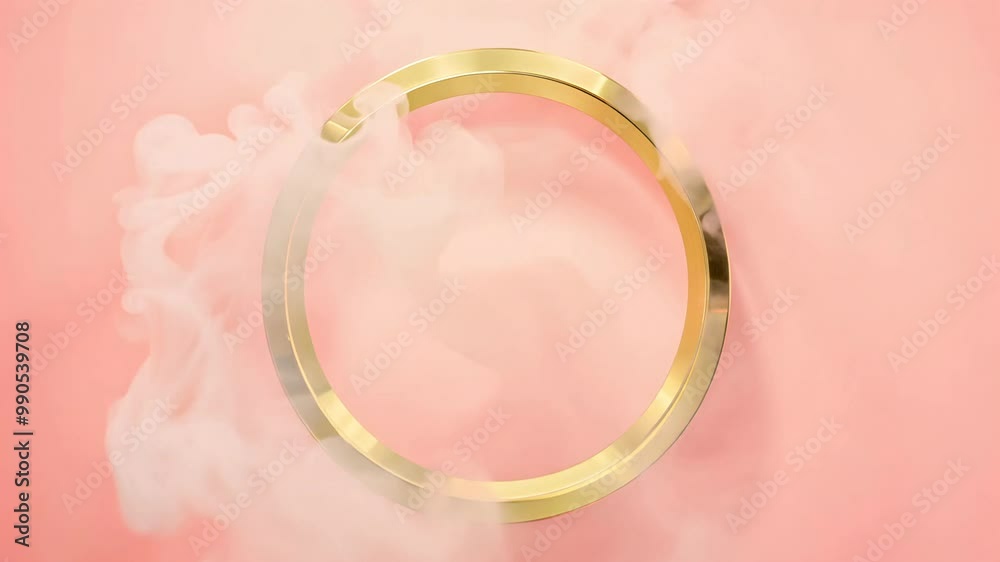 Elegant golden ring emerging from white smoke against a pink background. Abstract luxury and mystery concept