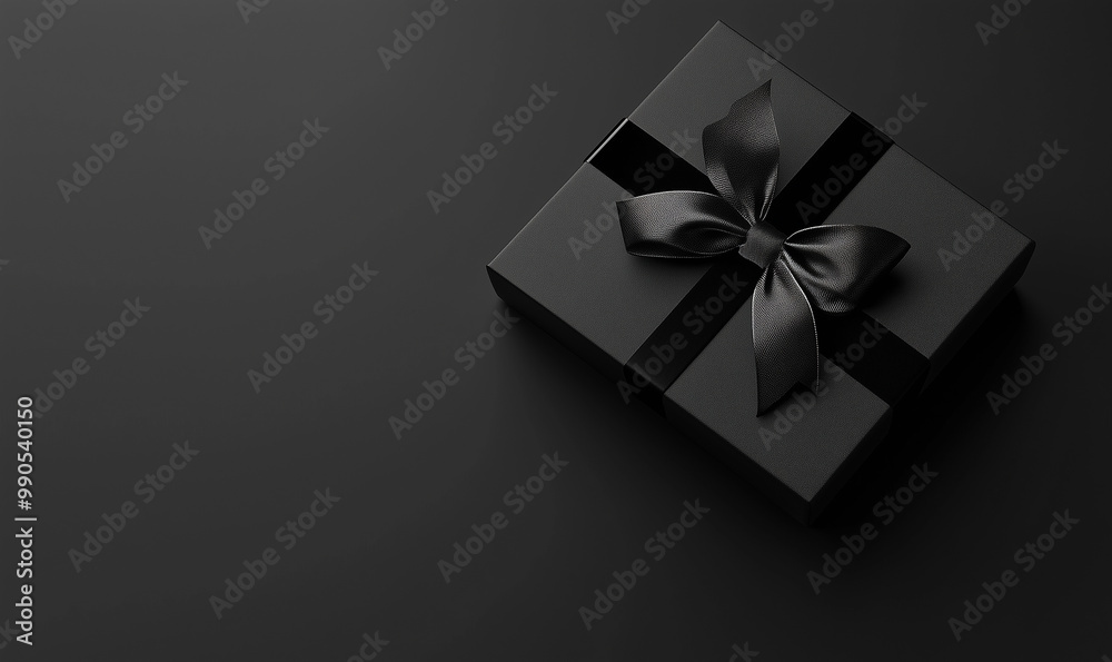 Black gift boxes with black ribbons on a black background. Gift, New Year, Christmas, Black Friday