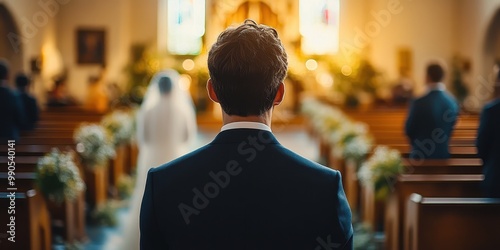 A groom waits at the altar while guests gather for a beautiful wedding ceremony in a charming church setting.