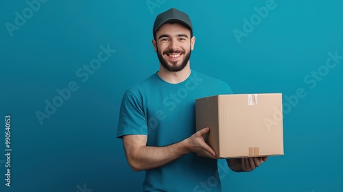 Portrait, parcel and delivery man with box in outdoor for shipping, courier service or stock. Cargo, logistics and employee with cardboard package for export, distribution or commercial supplier