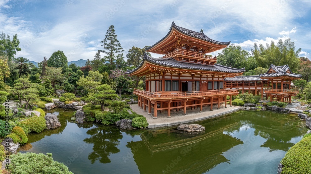A panoramic shot of a traditional Japanese temple with its pagoda-style roof and surrounding serene gardens. A panoramic shot of a traditional Japanese temple with its pagoda-style roof and surrounding serene gardens.