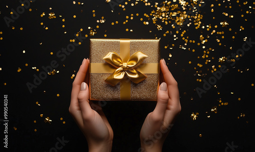 Wallpaper Mural Top view photo of woman hands holding golden giftbox with gold ribbon bow and golden confetti on isolated black background. Black Friday, Christmas and CyberMonday. Torontodigital.ca