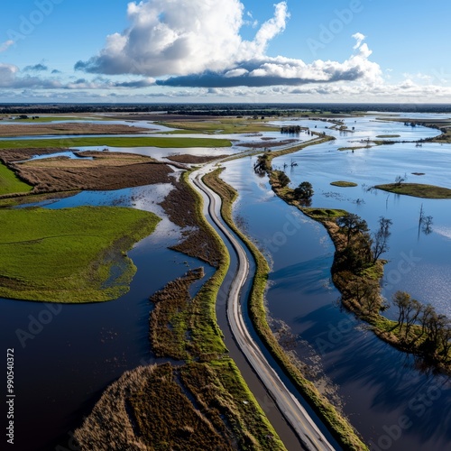 An aerial view of a flooded landscape with patches of land and roads emerging after the water recedes photo