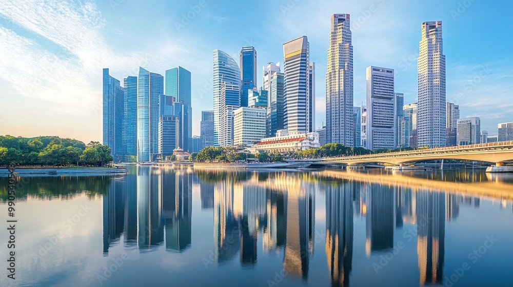 A panoramic shot of an urban skyline reflected in a river, with sleek modern skyscrapers and bridges in the background. A panoramic shot of an urban skyline reflected in a river, with sleek modern skyscrapers and bridges in the background.
