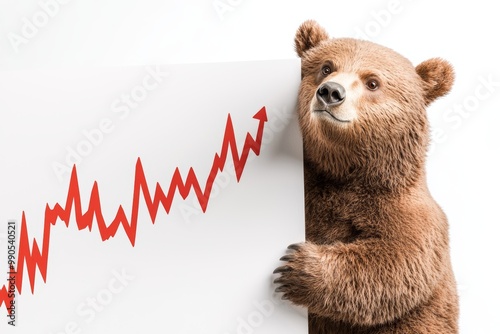 Bear holding a stock market chart, symbolic of bearish trends, ultra-realistic detail, 8K, financial market concept, humorous and surreal composition, white background