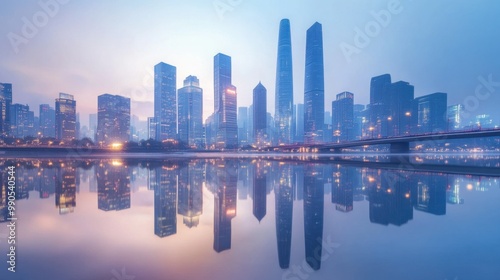 A panoramic shot of an urban skyline reflected in a river, with sleek modern skyscrapers and bridges in the background.