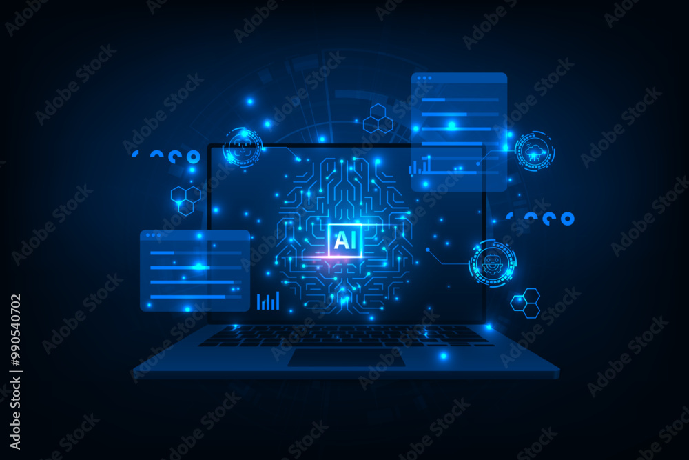 Artificial intelligence chip on a laptop monitor. Abstract digital technology innovation background.