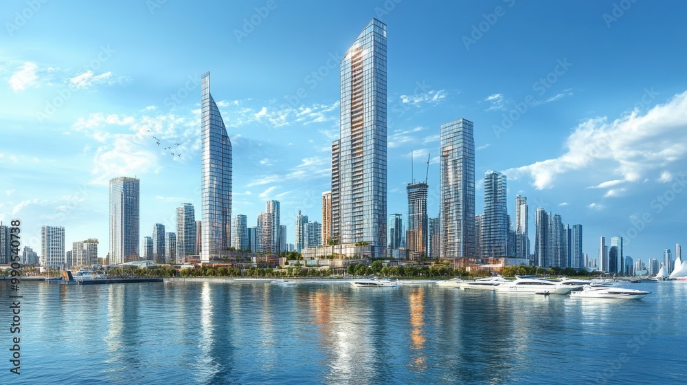 Fototapeta premium A panoramic view of a city waterfront with sleek, modern high-rises and iconic architectural landmarks.