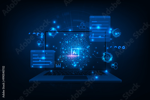 Artificial intelligence chip on a laptop monitor. Abstract digital technology innovation background.