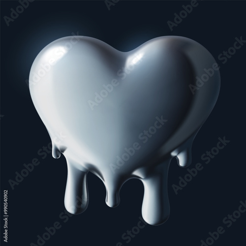 Metal melting heart 3d vector element on dark background. Chrome dripping y2k love sticker.