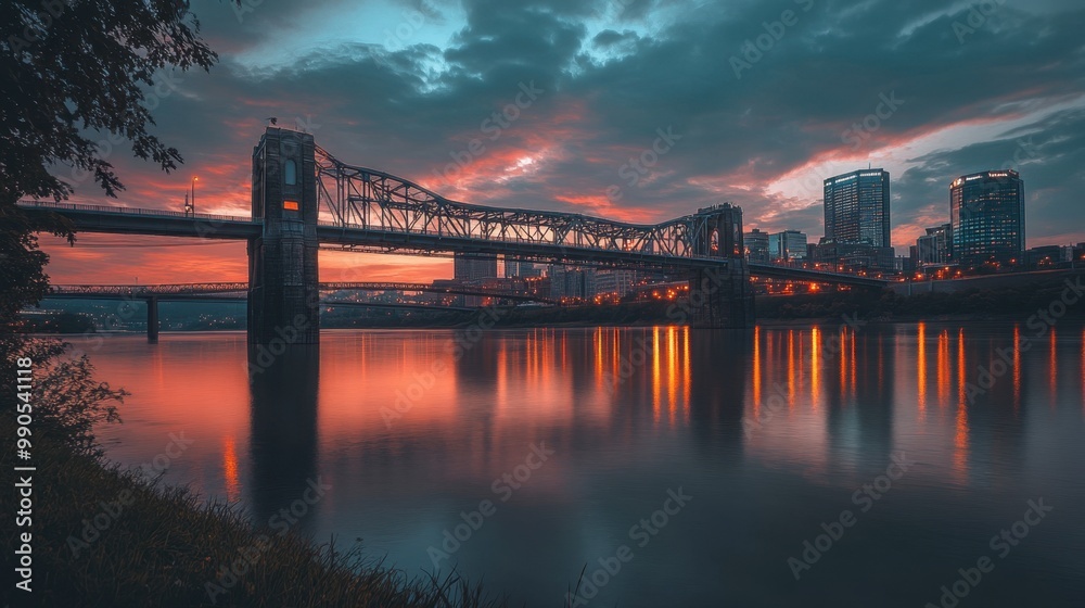 A panoramic view of an iconic bridge spanning across a river, with a city skyline in the background at twilight. A panoramic view of an iconic bridge spanning across a river, with a city skyline in the background at twilight.