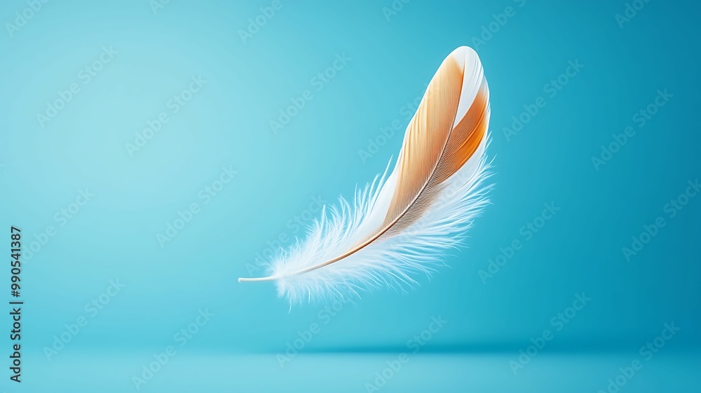 Fototapeta premium A delicate, floating feather with a warm gradient against a calming blue background, symbolizing lightness and grace.