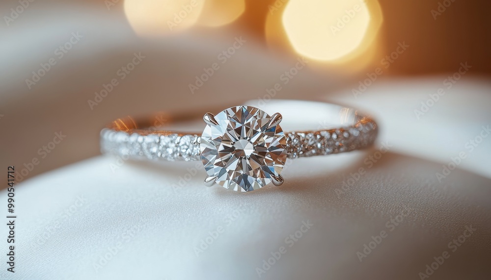 Elegant diamond ring with a sparkling center stone on a soft fabric, perfect for engagements or special occasions. Elegant diamond ring with a sparkling center stone on a soft fabric, perfect for engagements or special occasions.
