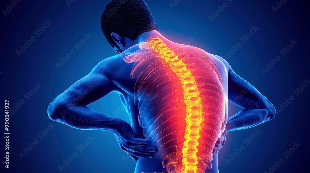 A man with a glowing spine, suffering from back pain. A man with a glowing spine, suffering from back pain.