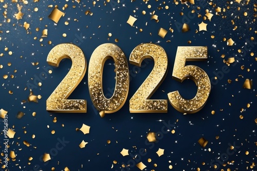 Luxury design 2025 new year celebration with golden confetti on dark background