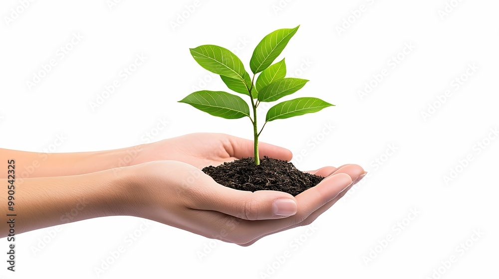 A small green plant is being nurtured in two hands, symbolizing growth, care, and environmental sustainability. A small green plant is being nurtured in two hands, symbolizing growth, care, and environmental sustainability.