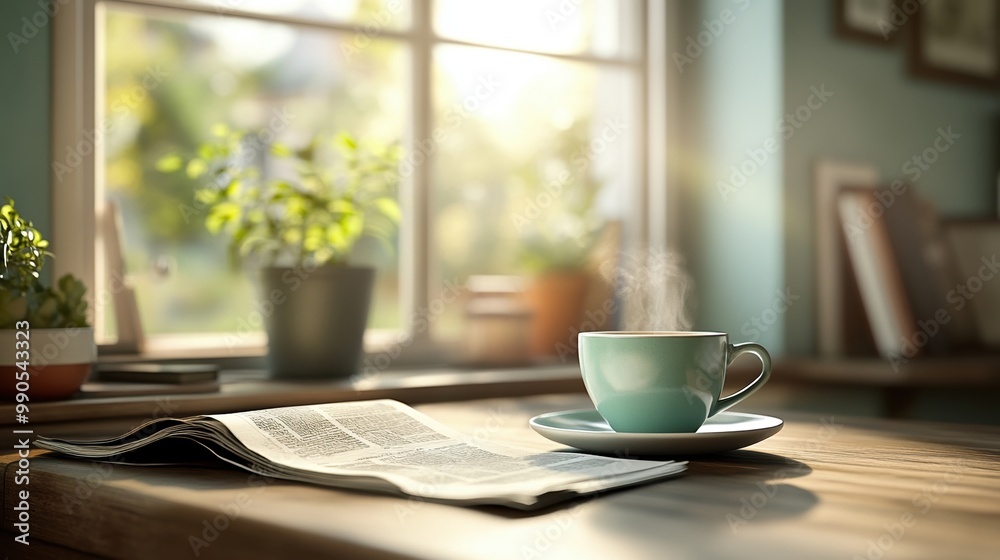 A cozy scene featuring a steaming cup of coffee, a newspaper, and green plants by the window, perfect for a relaxing morning. A cozy scene featuring a steaming cup of coffee, a newspaper, and green plants by the window, perfect for a relaxing morning.
