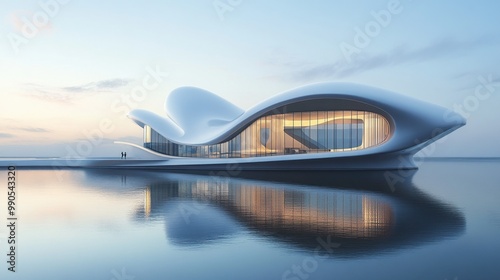 A shot of a futuristic building with a curved, organic design, sitting on a waterfront with reflections in the water.