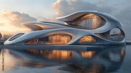 A shot of a futuristic building with a curved, organic design, sitting on a waterfront with reflections in the water.